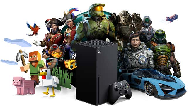A bunch of Xbox characters surround an Xbox Series X.