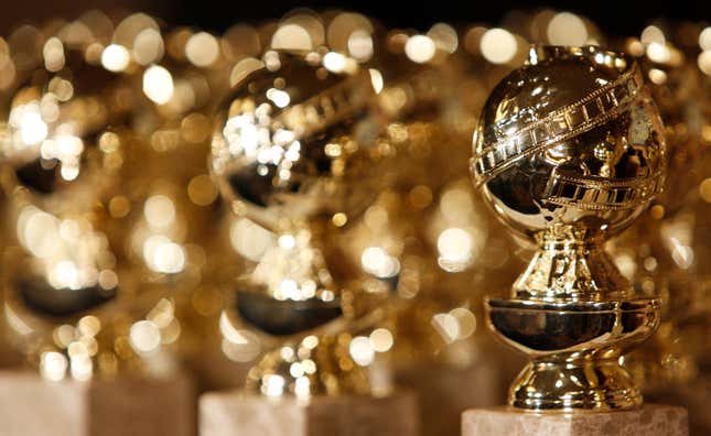 FILE - In this Jan.. 6, 2009, file photo, Golden Globe statuettes are seen during a news conference at the Beverly Hilton Hotel in Beverly Hills, Calif. The 2024 Golden Globe Awards will be broadcast on CBS. (AP Photo/Matt Sayles, File)