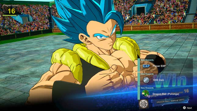 Gogeta Blue posing on his victory screen, with a Porunga Dragon Ball as a reward.