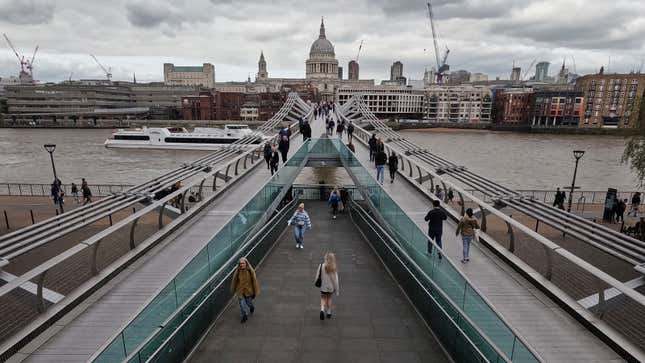 A photo of St Paul's Cathedral behind the Millennium Bridge. 