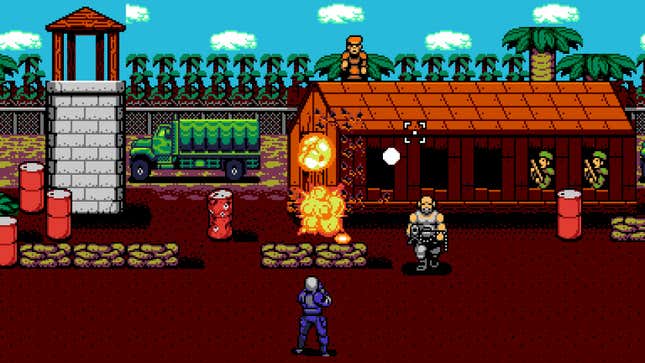 A blue-clad figure faces a military base occupied by enemy forces in a screenshot from Cyber Owls.