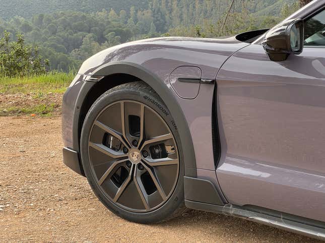 Front wheel of a lavender 2025 Porsche Taycan Turbo S Cross Turismo