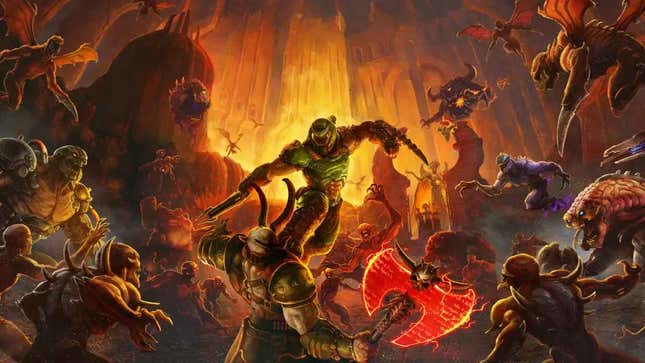 Doom Guy kills demons as they attempt to overwhelm him