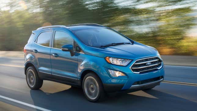 Una foto de un todoterreno Ford Ecosport azul. 