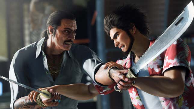 Ichiban and a tattooed man clash as both hold machetes.