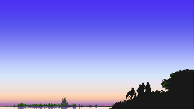 A pixel art landscape shows the silhouette of a cast of heroes.