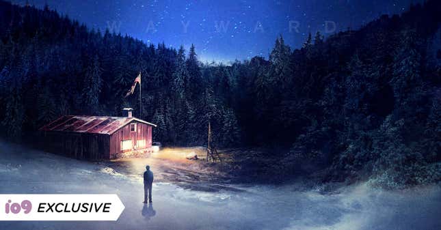 A figure faces a small building that's lit up in the middle of a vast, snowy forest on the cover of Chuck Wendig's Wayward. 