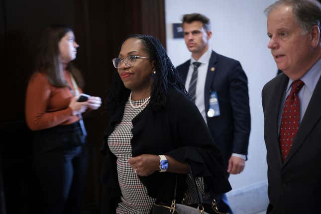 U.S. Supreme Court nominee Ketanji Brown Jackson arrives for a meeting with Sen. Mitt Romney (R-UT) on Capitol Hill on March 29, 2022, in Washington, DC. 