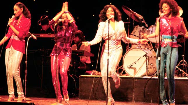 Sister Sledge perform on stage, London, 1975.