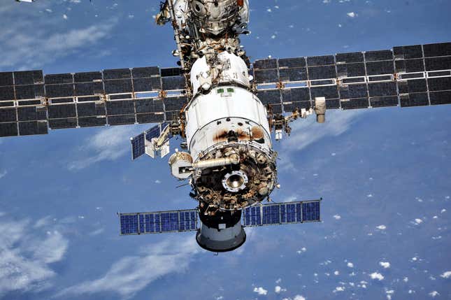 The International Space Station photographed by Expedition 56 crew members from a Soyuz spacecraft after undocking.