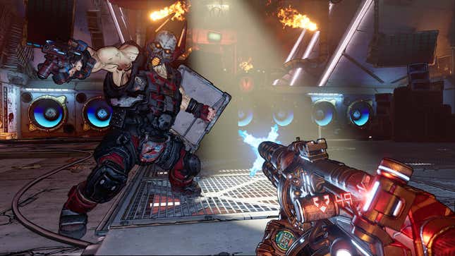 The player character battles against a large character with a shield.