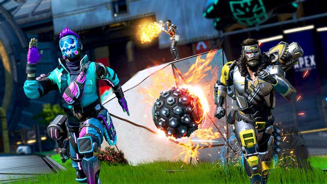 A couple of Apex Legends characters run away from some spike-looking flaming ball.