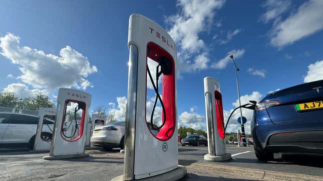 Supercharger charging station for Tesla electric vehicles is seen at a service station on May 5, 2024 in Exeter, England.