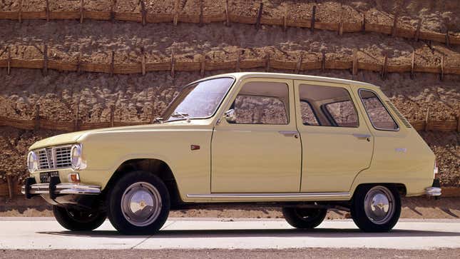 A photo of a cream Renault 6 hatchback. 