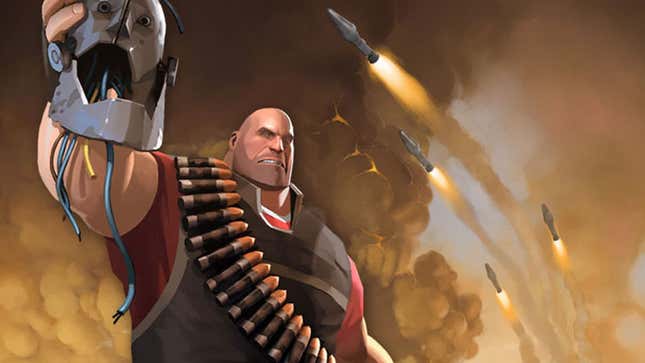 A Team Fortress 2 hero holds up a robot head. 