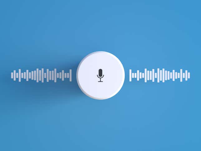 simulated audio waves on a sky blue background, a white microphone button is in the middle of the photo