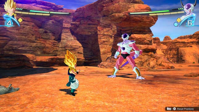 Super Saiyan Gotenks facing off against 2nd form Frieza.