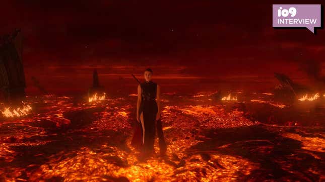 A woman stands in a fire pit in 3 Body Problem's video game world