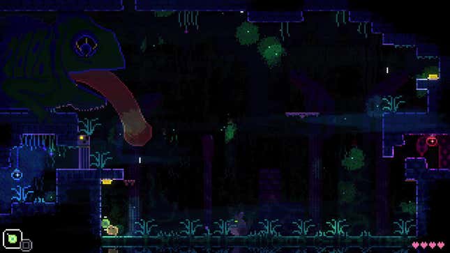 The player dodges the chameleon and uses the yo-yo to press a button.