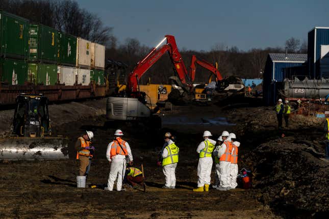 Ohio EPA and EPA contractors collect soil and air samples from the derailment site on March 9, 2023 in East Palestine, Ohio. Cleanup efforts continue after a Norfolk Southern train carrying toxic chemicals derailed causing an environmental disaster. 