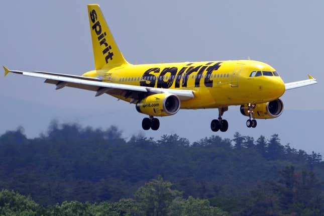 FILE - A Spirit Airlines 319 Airbus approaches Manchester Boston Regional Airport for a landing, June 2, 2023, in Manchester, N.H. Spirit Airlines said it is deferring all aircraft on order from Airbus that were scheduled to be delivered in the second quarter of 2025 through the end of 2026. Spirit said Monday, April 8, 2024 that it came to an agreement with the European plane manufacturer to delay delivery of the planes until 2030 and 2031. (AP Photo/Charles Krupa, File)