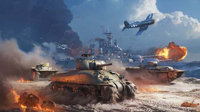 Una imagen muestra tanques y buques de guerra como se veen en War Thunder. 