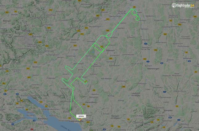 A flightradar24.com handout photo received on December 27, 2020 shows the flight track for a D-ENIG plane that traced a syringe on the maps in Germany to celebrate the arrival of a COVID-19 vaccine. The flight between Friedrichshafen and Ulm took place on December 23, 2020.