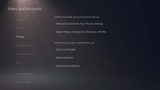 A screenshot of the PS5's dashboard shows a variety of privacy settings.