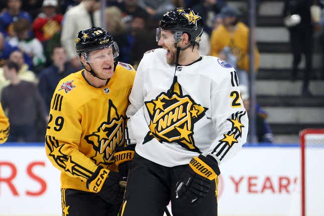 TORONTO, ONTARIO - FEBRUARY 03: Nathan MacKinnon #29 of the Colorado Avalanche and Leon Draisaitl #29 of the Edmonton Oilers meet after the game between Team Mackinnon and Team McDavid during the 2024 Honda NHL All-Star Game on February 03, 2024 in Toronto, Ontario. (Photo by Bruce Bennett/Getty Images)