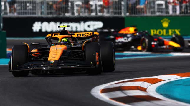 Lando Norris of Great Britain driving the (4) McLaren MCL38 Mercedes leads Max Verstappen of the Netherlands driving the (1) Oracle Red Bull Racing RB20 during the F1 Grand Prix of Miami at Miami International Autodrome on May 05, 2024 in Miami, Florida.