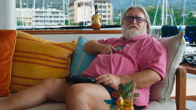 Gabe Newell lounges in a cabana.