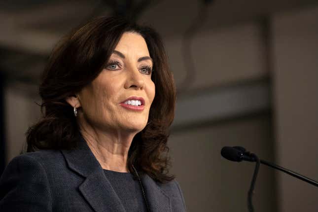 FILE - New York Gov. Kathy Hochul addresses the media during a press conference in New York, Monday, March. 13, 2023. New York&#39;s hospitals and healthcare providers are now banned from reporting medical debt to credit agencies, after Gov. Hochul signed into law a series of consumer protection bills on Wednesday, Dec. 13. (AP Photo/Yuki Iwamura, File)