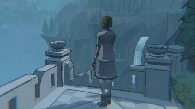 A screenshot of Blue Prince. A woman is looking away from the camera towards a cliff and a waterfall.