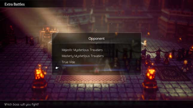 An Octopath Traveler II menu listing possible opponents under the Extra Battles option.