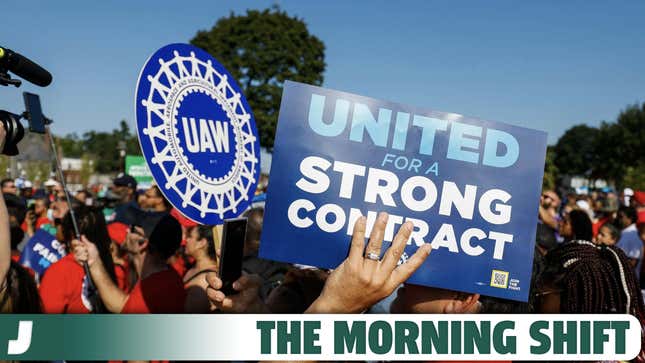 United Auto Workers members and others gather for a rally after marching in the Detroit Labor Day Parade on September 4, 2023 in Detroit, Michigan.