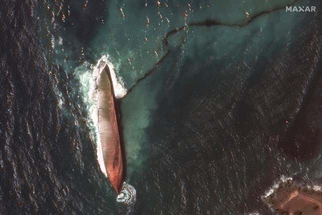 This satellite image provided by Maxar Technologies shows an oil spill caused by an overturned vessel off the coast of Tobago near Scarborough, Trinidad and Tobago, Wednesday, Feb. 14, 2024. (Maxar Technologies via AP)