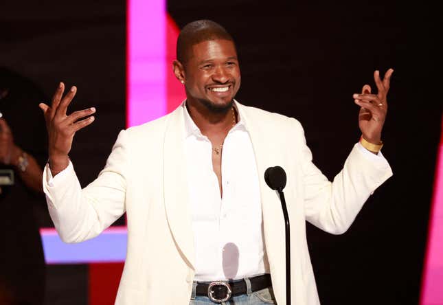 Usher speaks on stage after accepting the Lifetime Achievment award during the 2024 BET Awards at the Peacock theatre in Los Angeles, June 30, 2024.