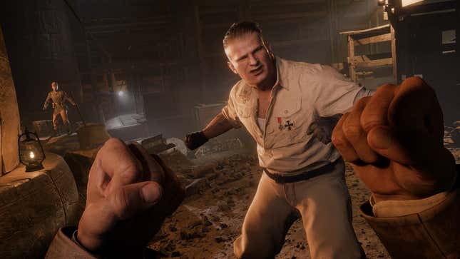 Indiana Jones braces for a punch from a fascist. 