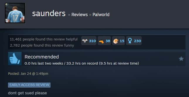 A Palworld steam review reading "dont get sued please"