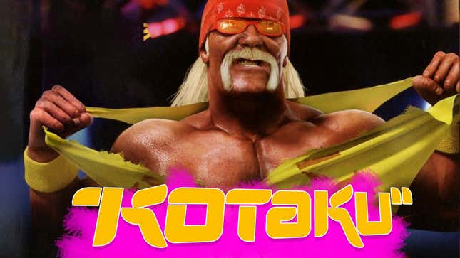 Hogan rips off his shirt above a Kotaku logo.