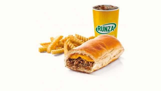 A photo of a sandwich, fries and a drink from Runza. 