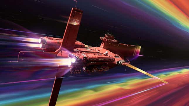 A space ship flies through a rainbow. 