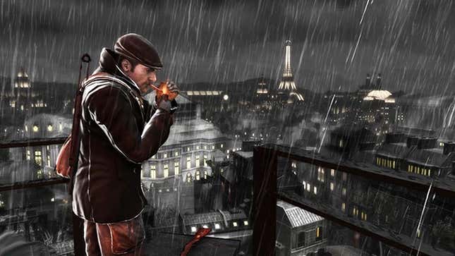 A screenshot shows a man on a roof in WW2-era Paris. 