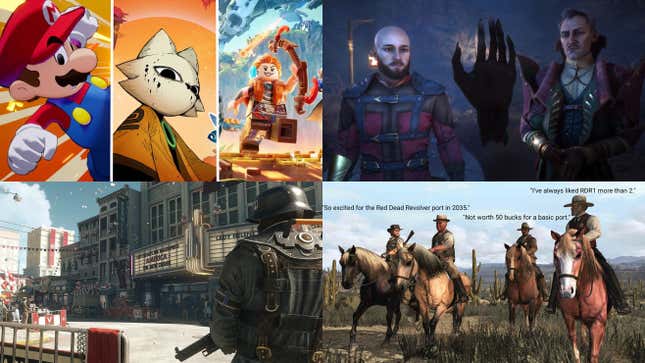 A four-way split image from Kotaku's top stories on Dragon Age: The Veilguard, Wolfenstein, Red Dead Redemption, and more.