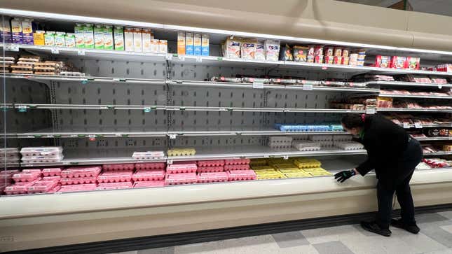 Grocery store shelf almost entirely empty because there aren't enough eggs