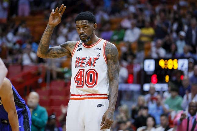 Apr 9, 2023; Miami, Florida, USA; Miami Heat forward Udonis Haslem (40) reacts after entering the game during the first quarter against the Orlando Magic at Kaseya Center.