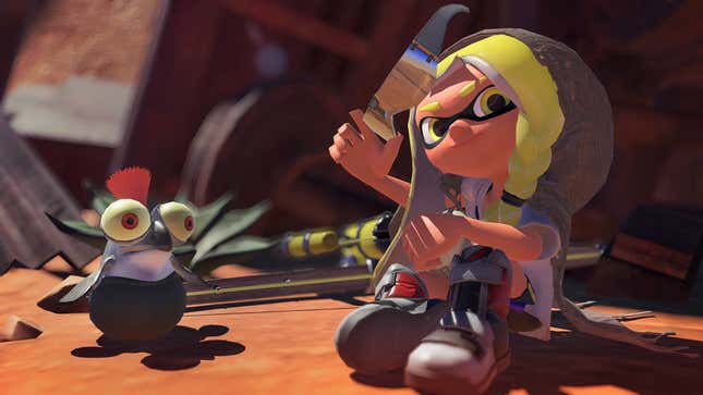 An Inkling waves while sitting next to a weird pet.