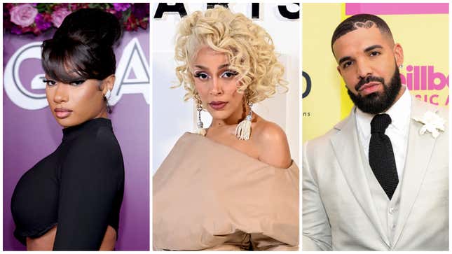 Megan Thee Stallion, left; Doja Cat, Drake.