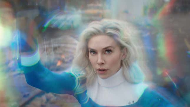 Sue Storm holds back danger with her wibbly wobbly powers.