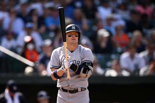 New York Yankees’ Josh Donaldson looks on during a baseball game against the Baltimore Orioles, Thursday, May 19, 2022, in Baltimore.